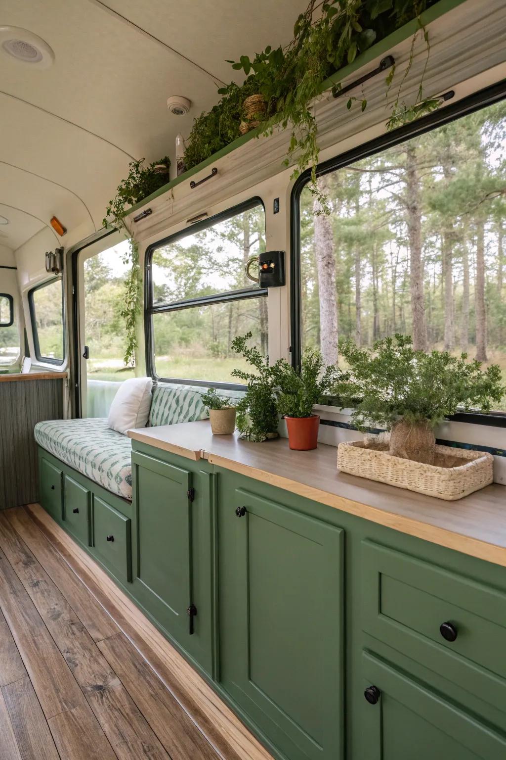 Green cabinets foster a peaceful connection with nature.