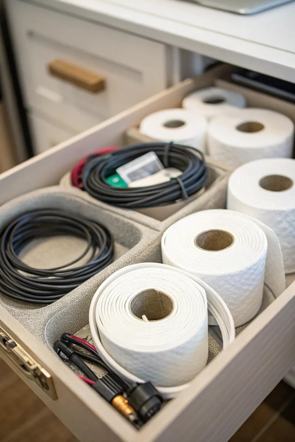 Cardboard rolls repurposed as innovative wire organizers.