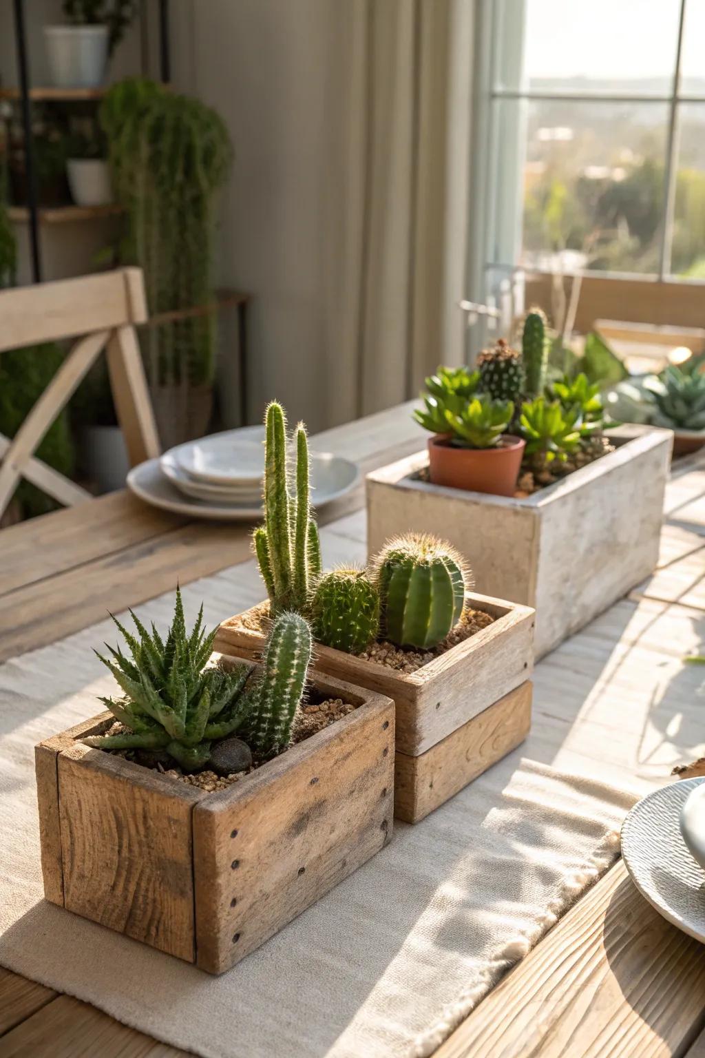 Wooden planters offer a rustic appeal to cactus arrangements.