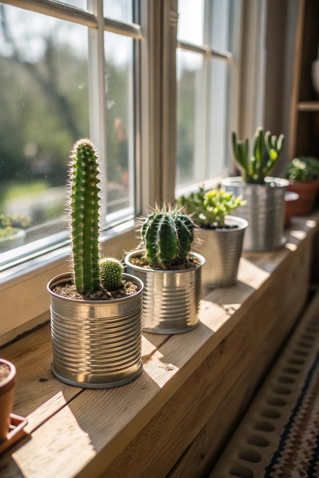 Antique tin cans add a countryside look to your cacti space.