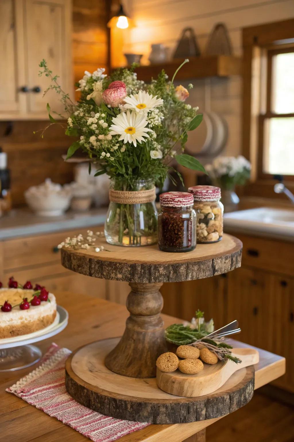 A cake stand display in a rustic style gives your home warmth and charm.