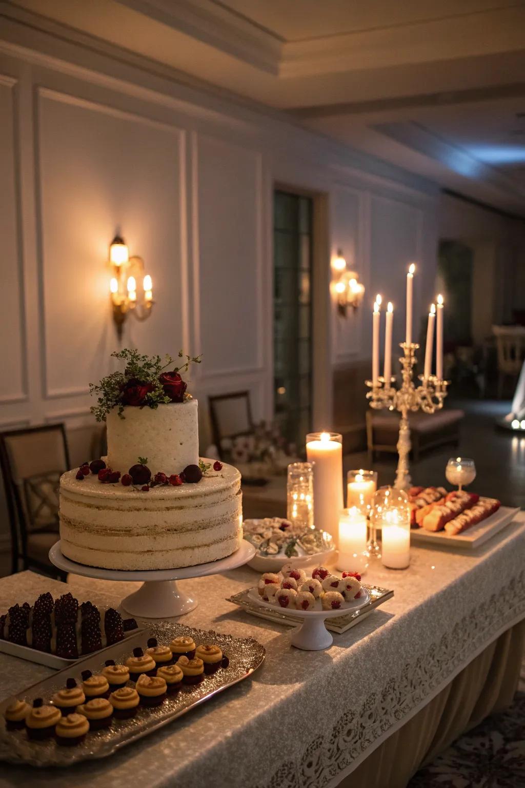 A cake table illuminated with candles of varying heights, contributing to an inviting and sophisticated feel.