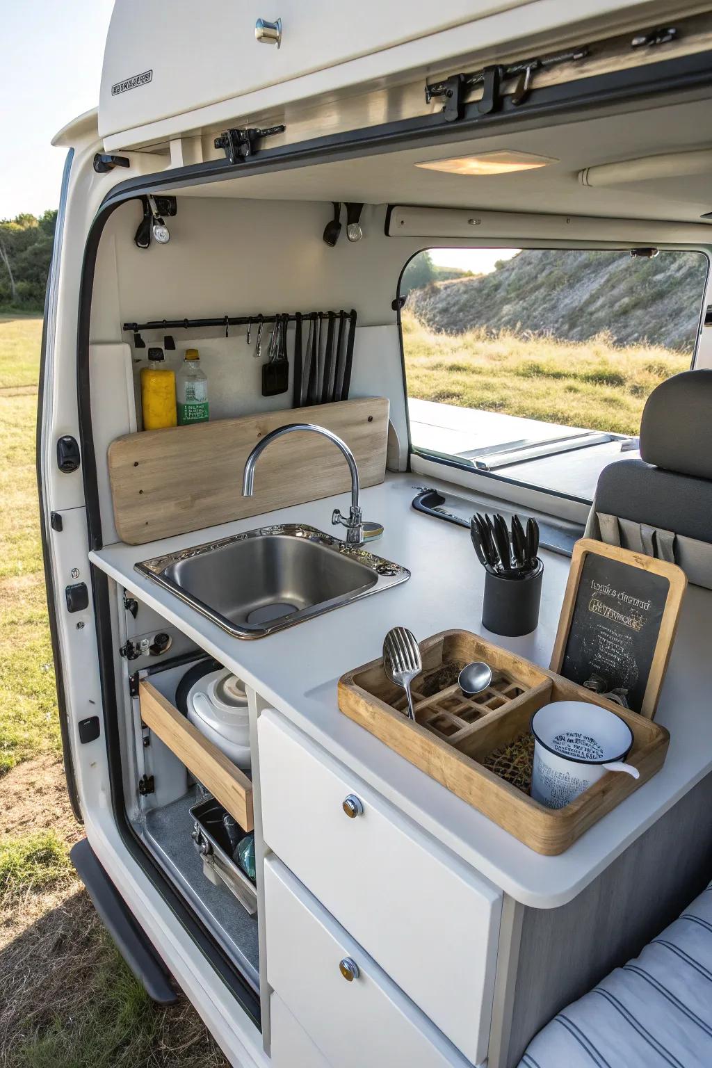 A well-organized compact kitchen setup in a camper shell.