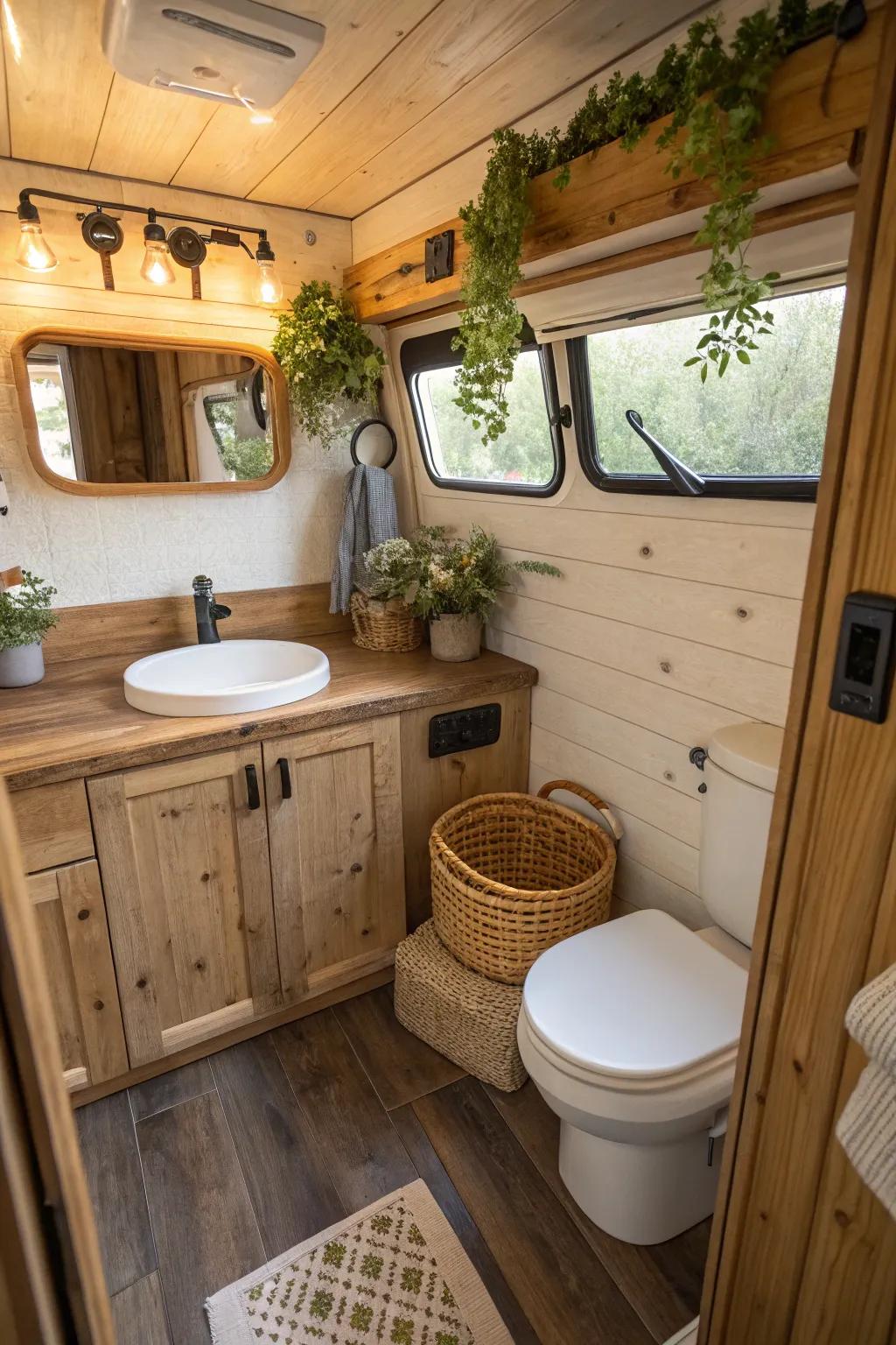 A welcoming camper van bathroom highlighting wood accents and organic decorations.