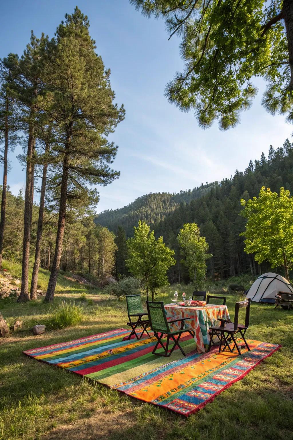 Incorporate both style and practicality into your campsite with an outdoor floor covering.