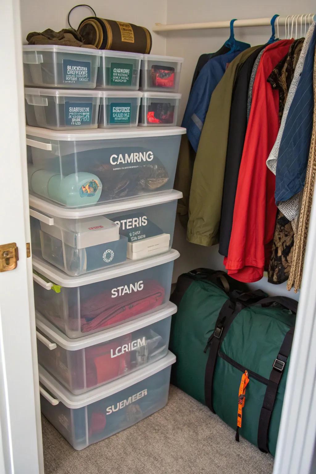 See-through bins keep small camping items arranged and visible.