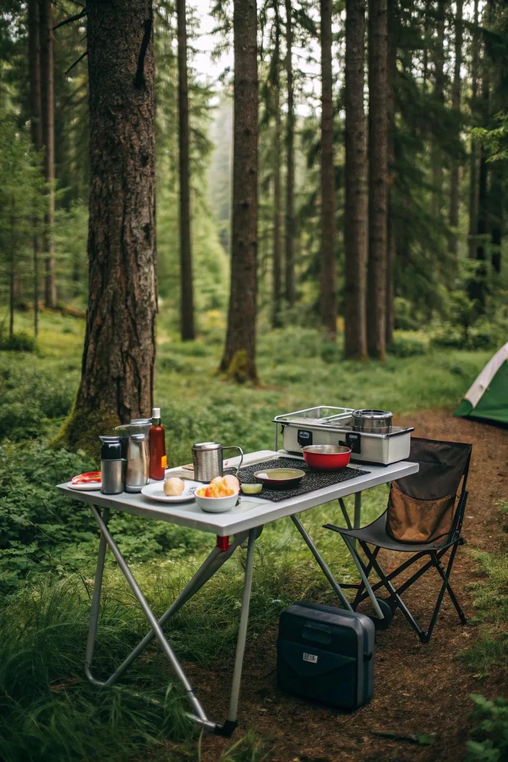 A folding table serves as both a preparation area and a dining spot.