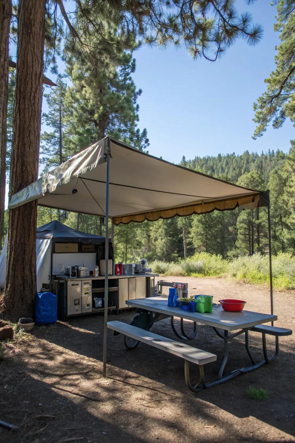 A tarp offering vital cover for a camping cooking area.