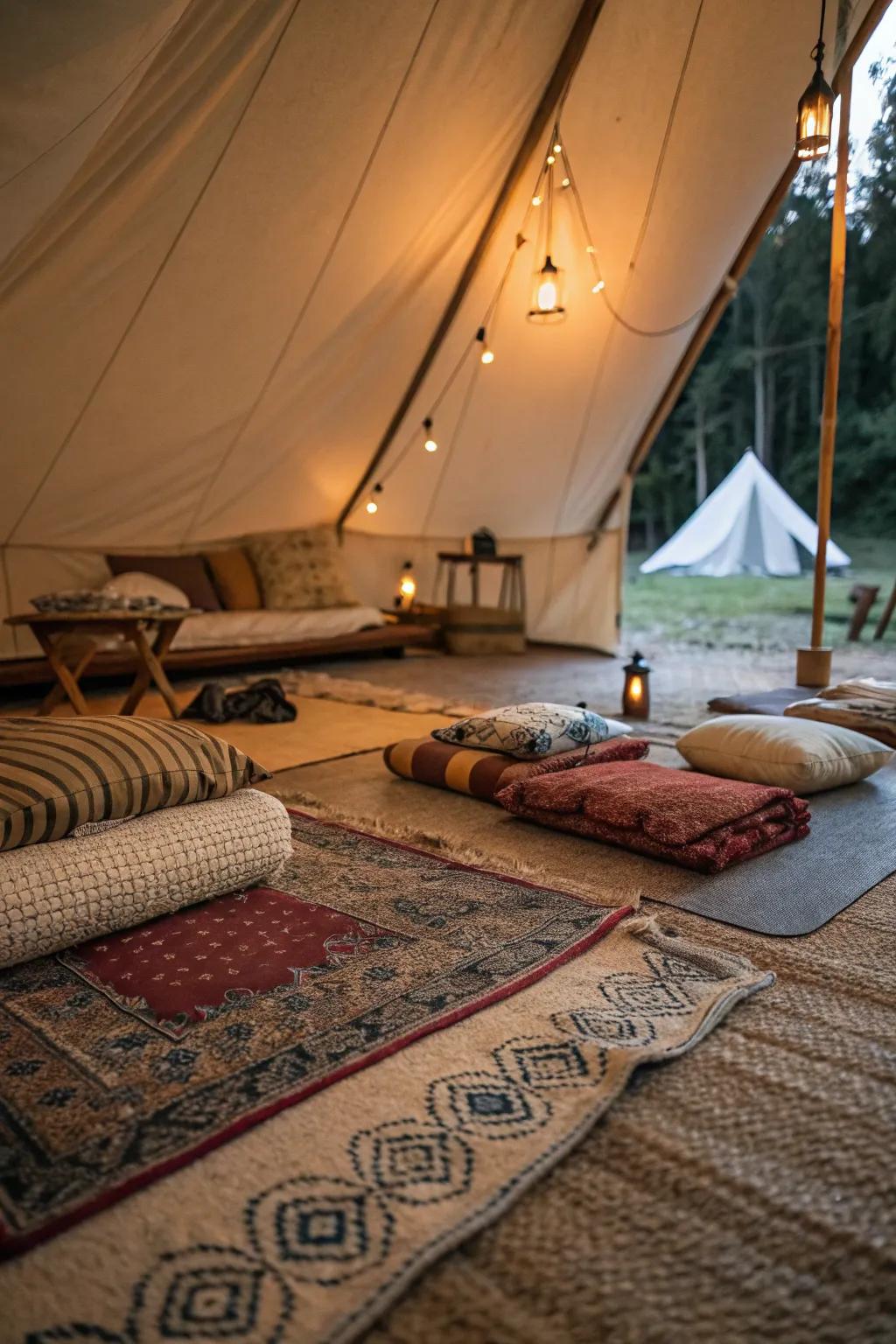 Incorporate soft rugs for a cozy and homey tent interior.