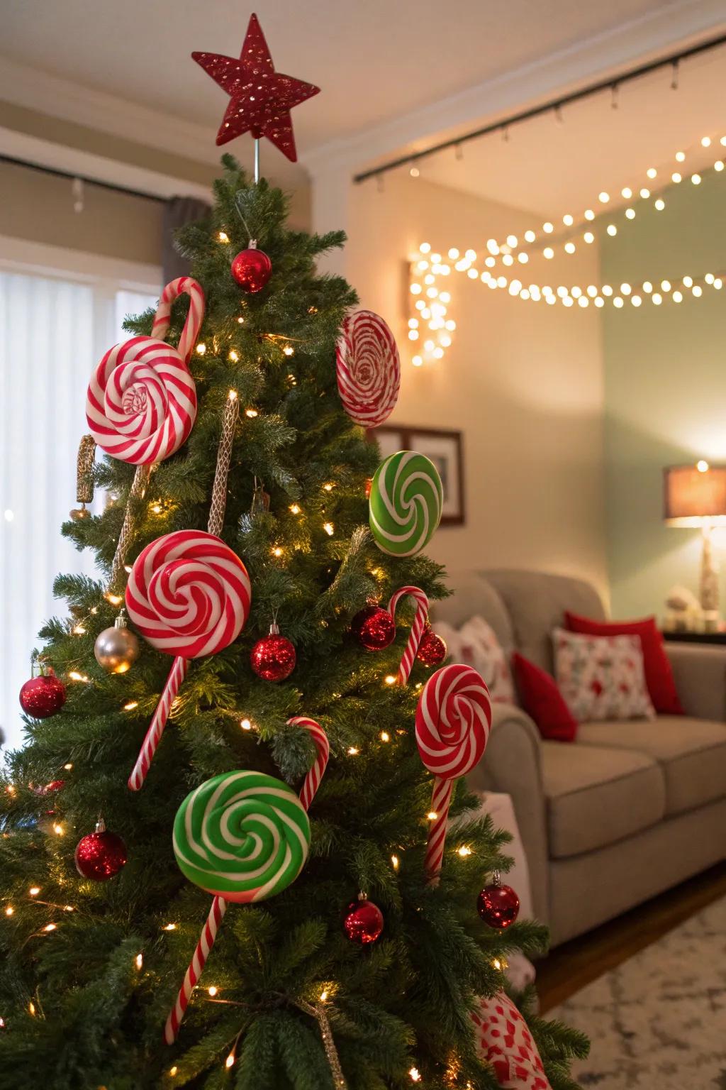 Playful, extra-large adornments for a whimsical candy swirl tree.