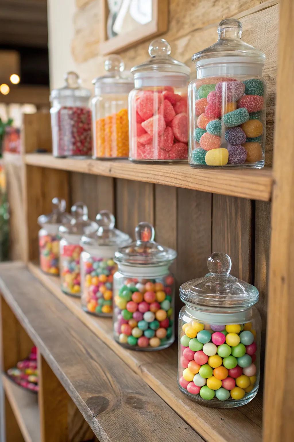 Elegant glass containers displaying colorful candies.
