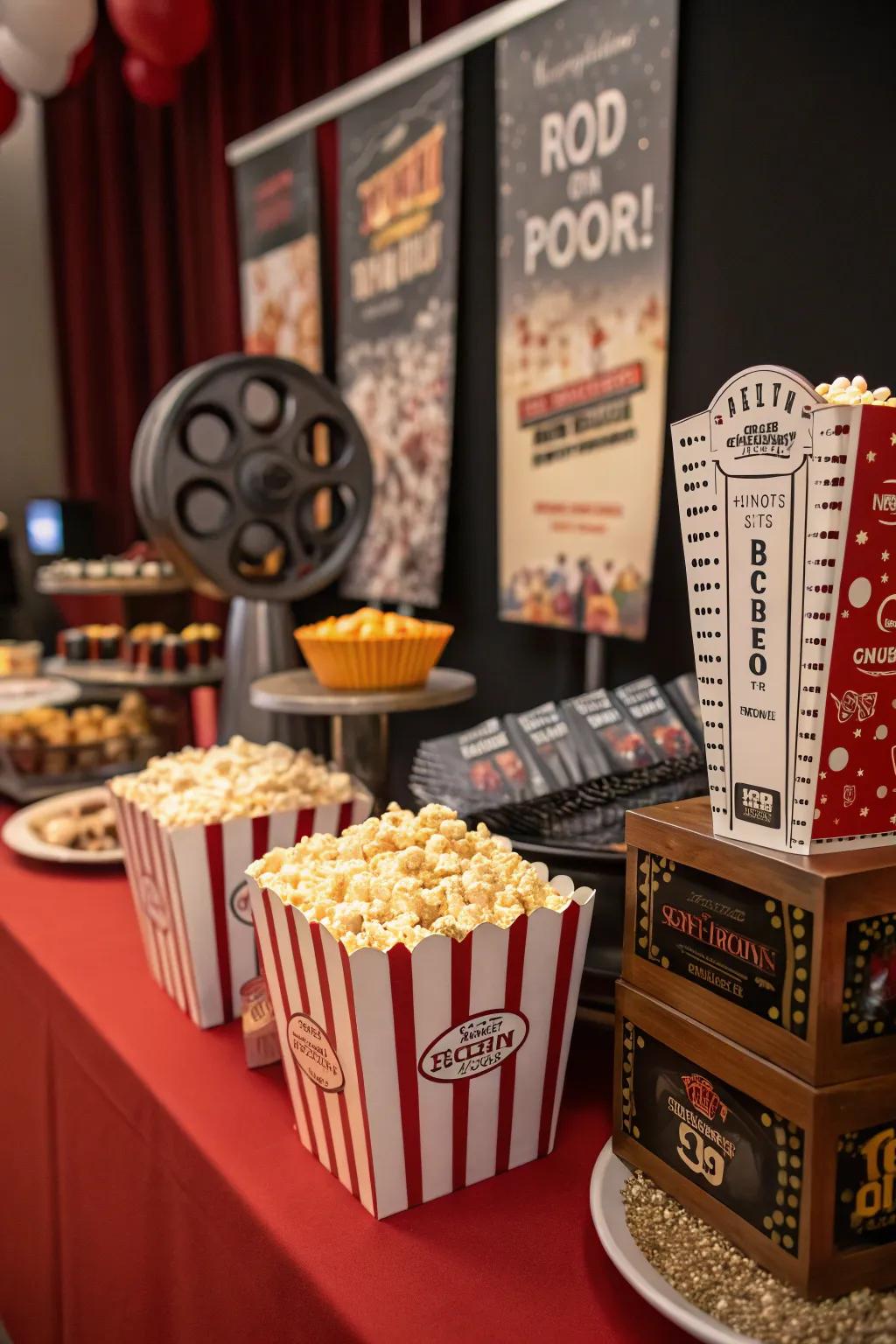 A movie night-themed candy station featuring classic cinema snacks and retro charm.