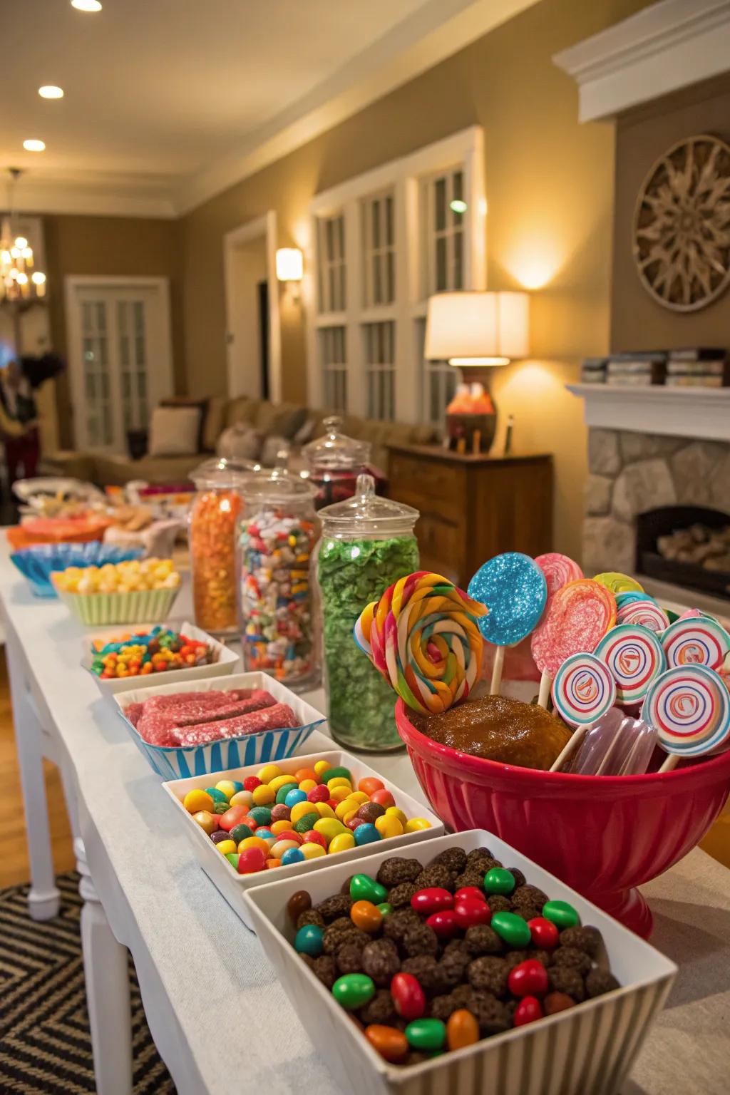 A candy table overflowing with an irresistible variety of sweets