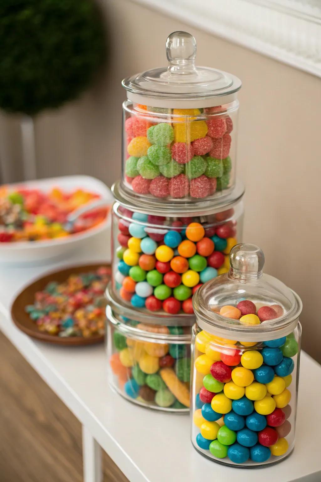 A tower of treat containers provides both decoration and tasty treats.