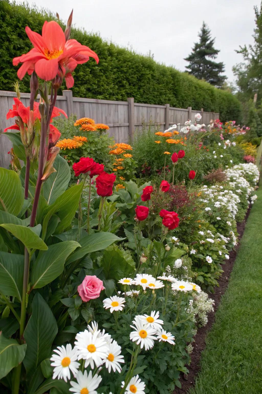 Canna lilies deepen dimension and color in mixed flower beds.