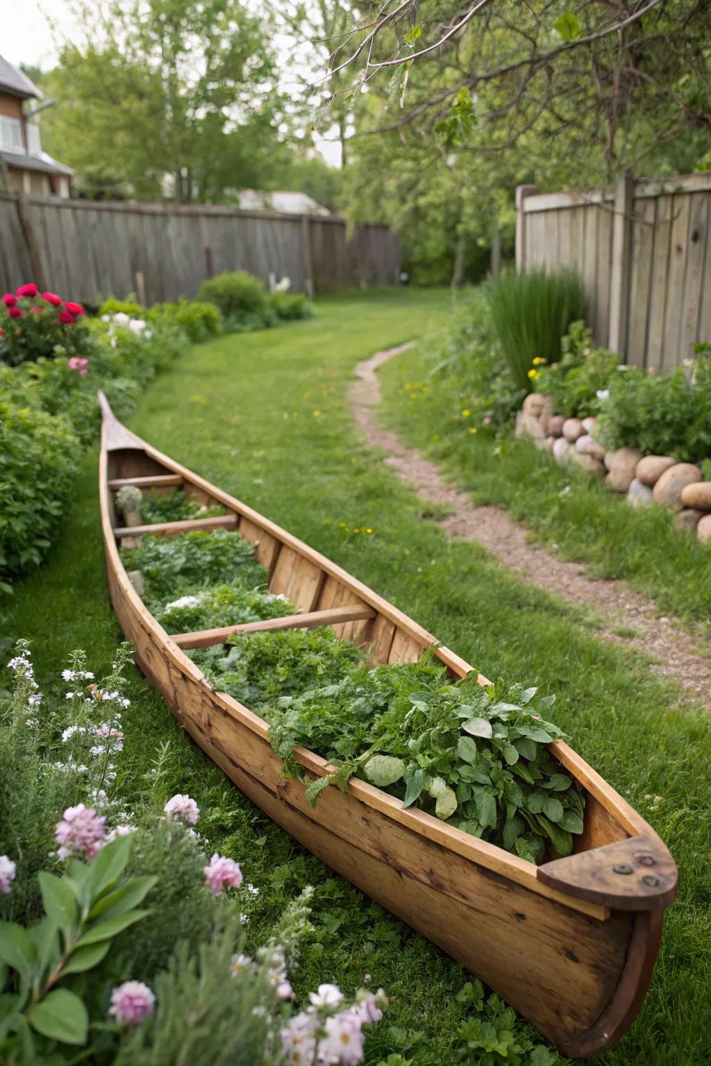 A wooden canoe planter radiates rustic appeal in a garden.