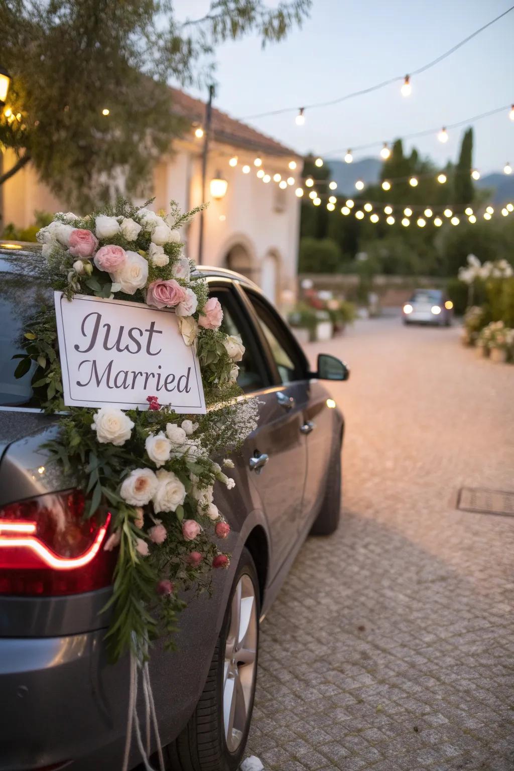 A beautifully adorned wedding car featuring floral sophistication and celebratory signage.