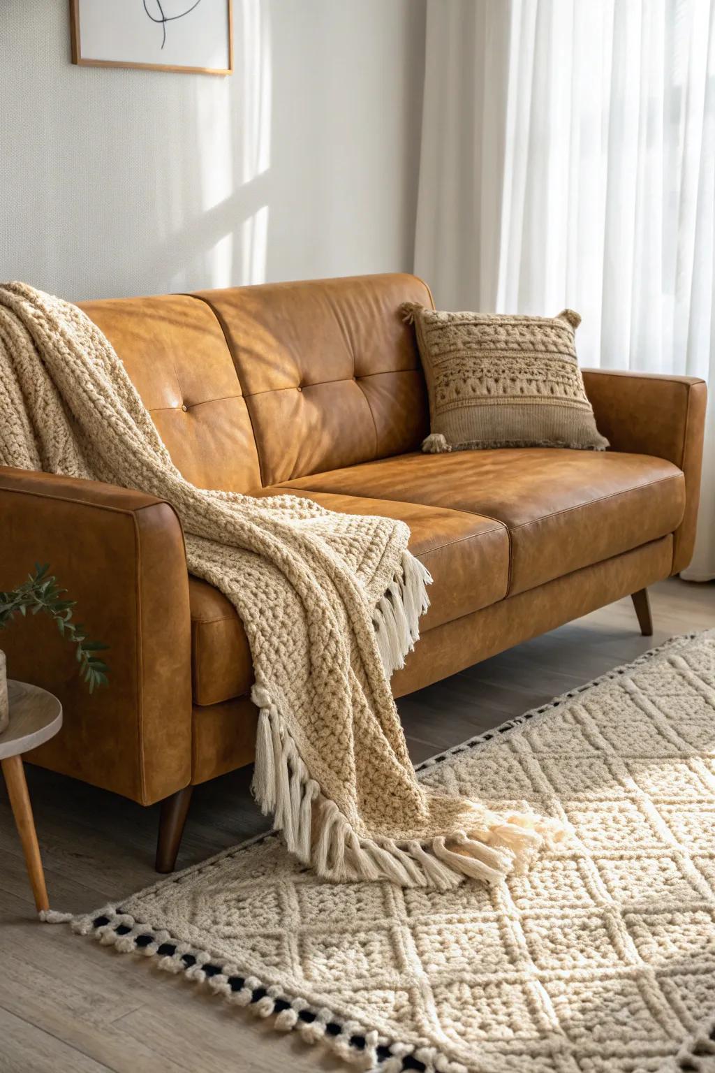 Tactile touches give dimension to a tawny sofa arrangement.