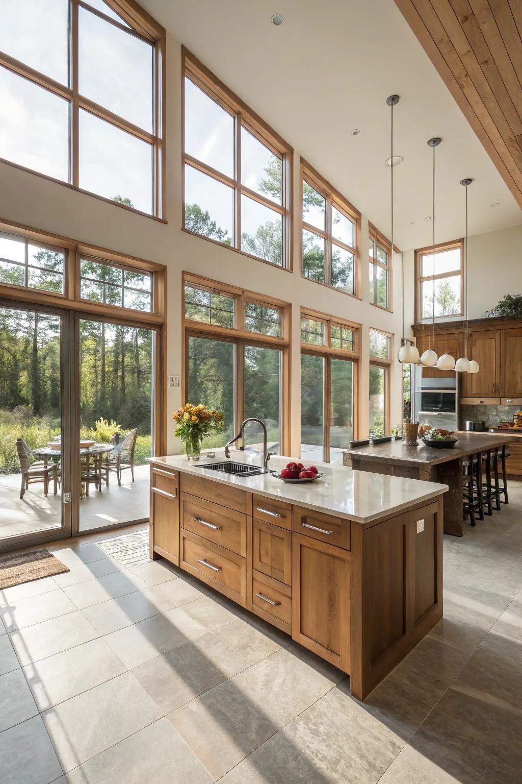 Open spaces and large windows create an airy kitchen atmosphere.