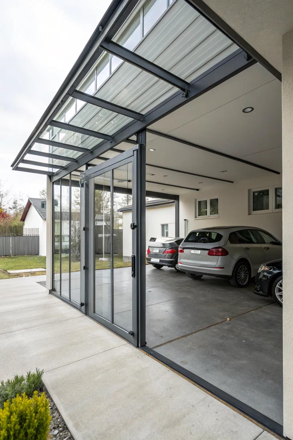 A carport with doors that are a mix of glass and metal, giving it a sleek, industrial appearance.
