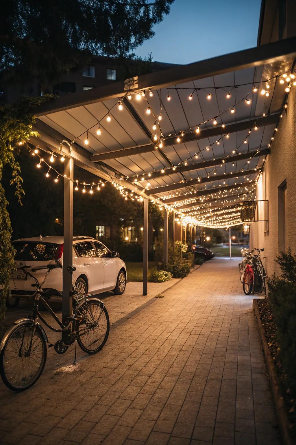 Garland illumination infuses a hint of enchantment into your carport.
