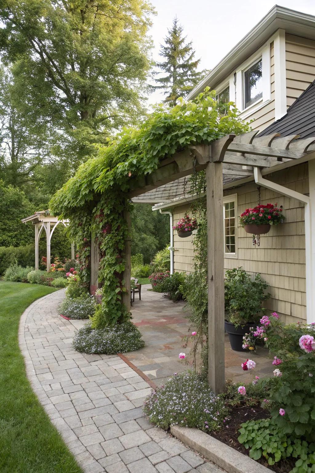 A pergola-style carport covered in beautiful greenery.