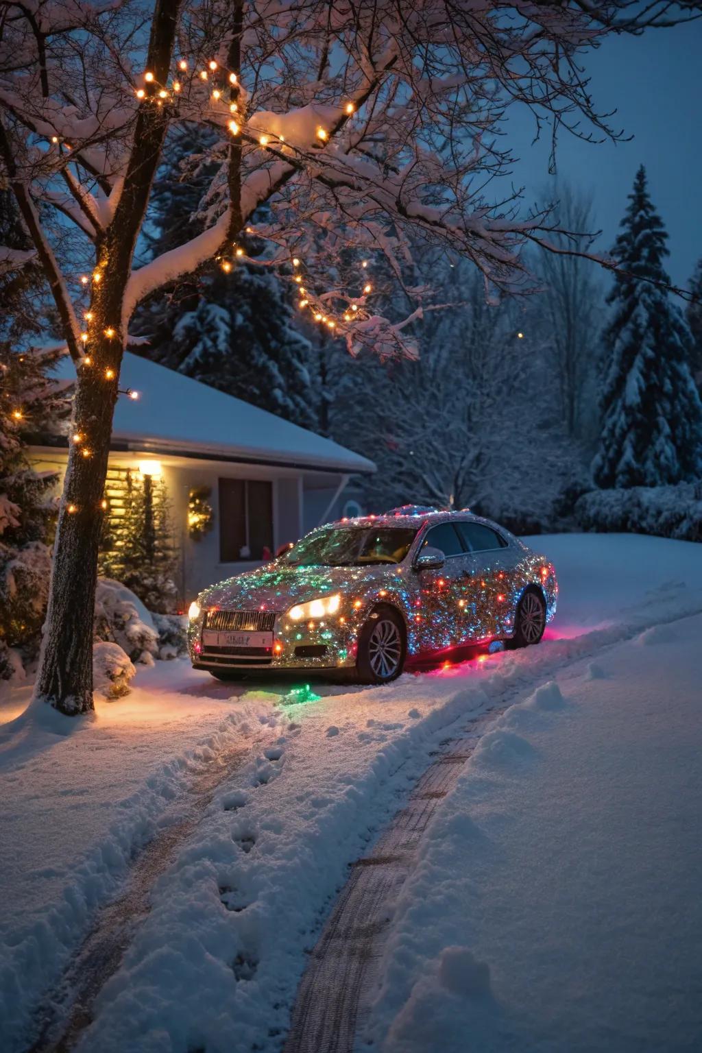A car glowing with LED lights, illuminating the winter night.