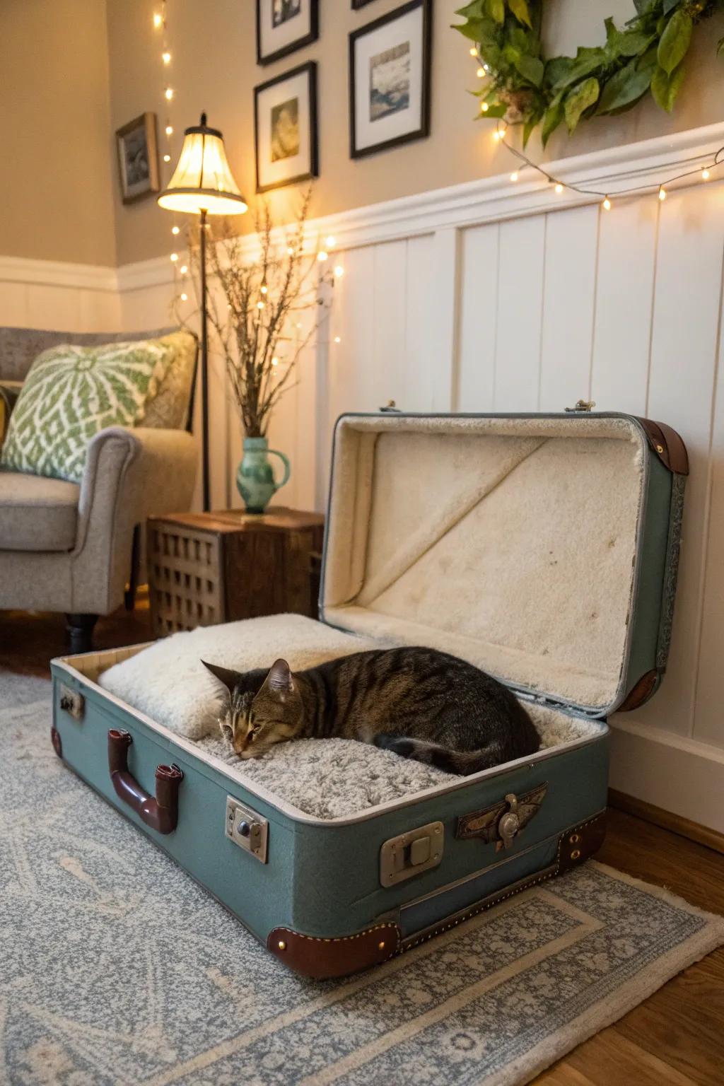 A vintage valise transformed into a captivating cat hideaway.