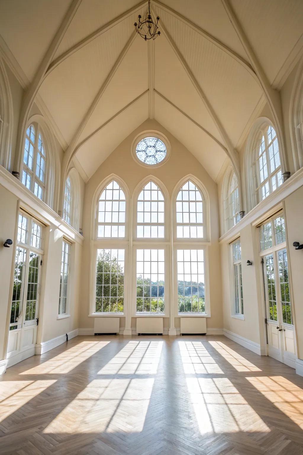 Expansive panes flood the space with daylight, accentuating the high ceiling.