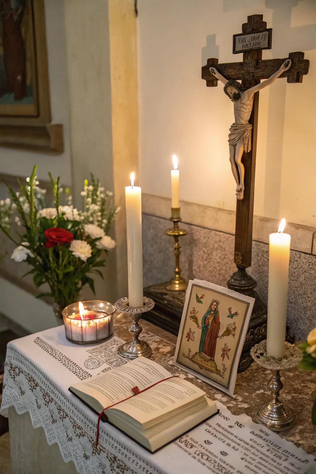 The gentle glow from lamps infuses your prayer moment with serenity and stillness.