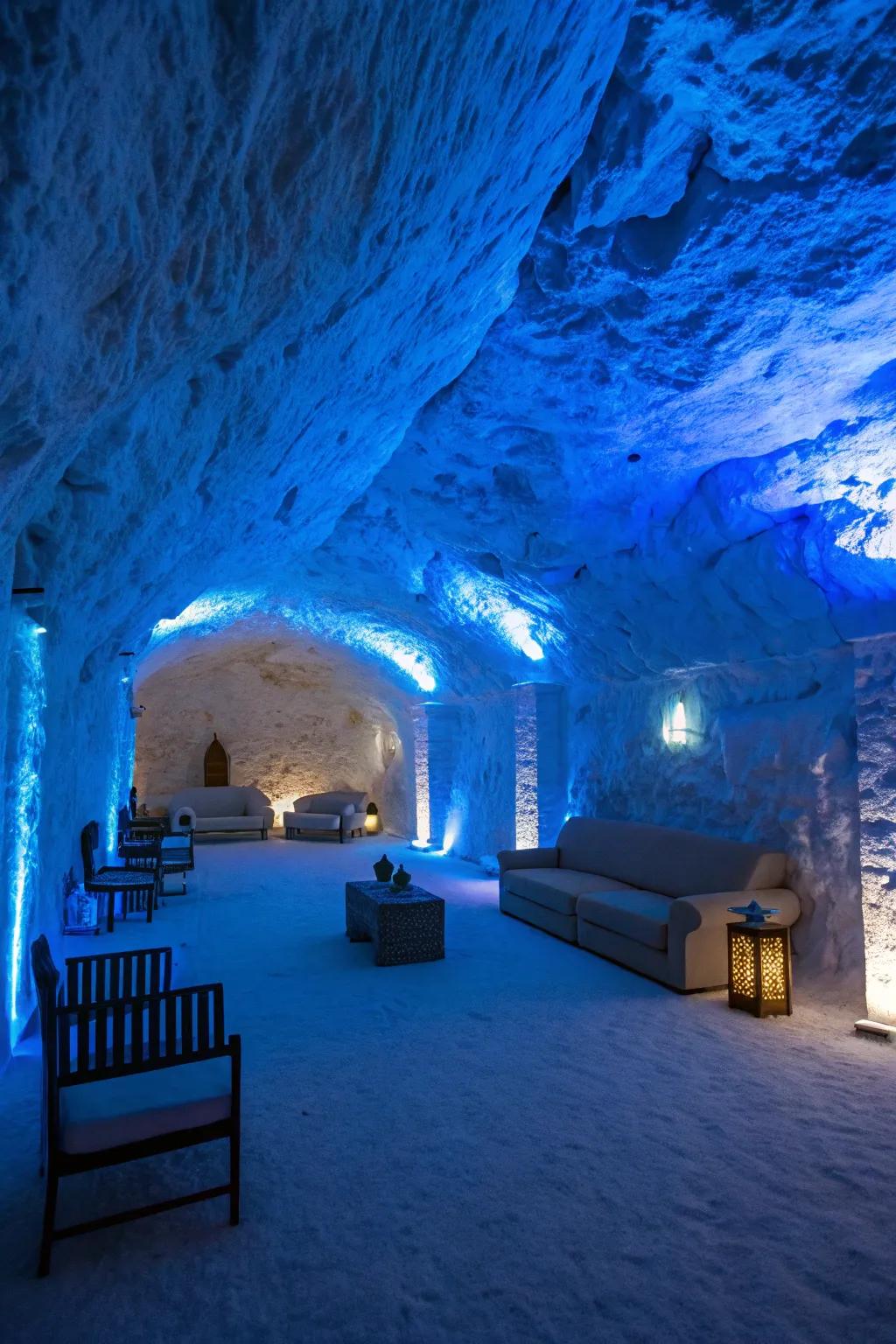 Blue LED lamps produce a mystical cave atmosphere.