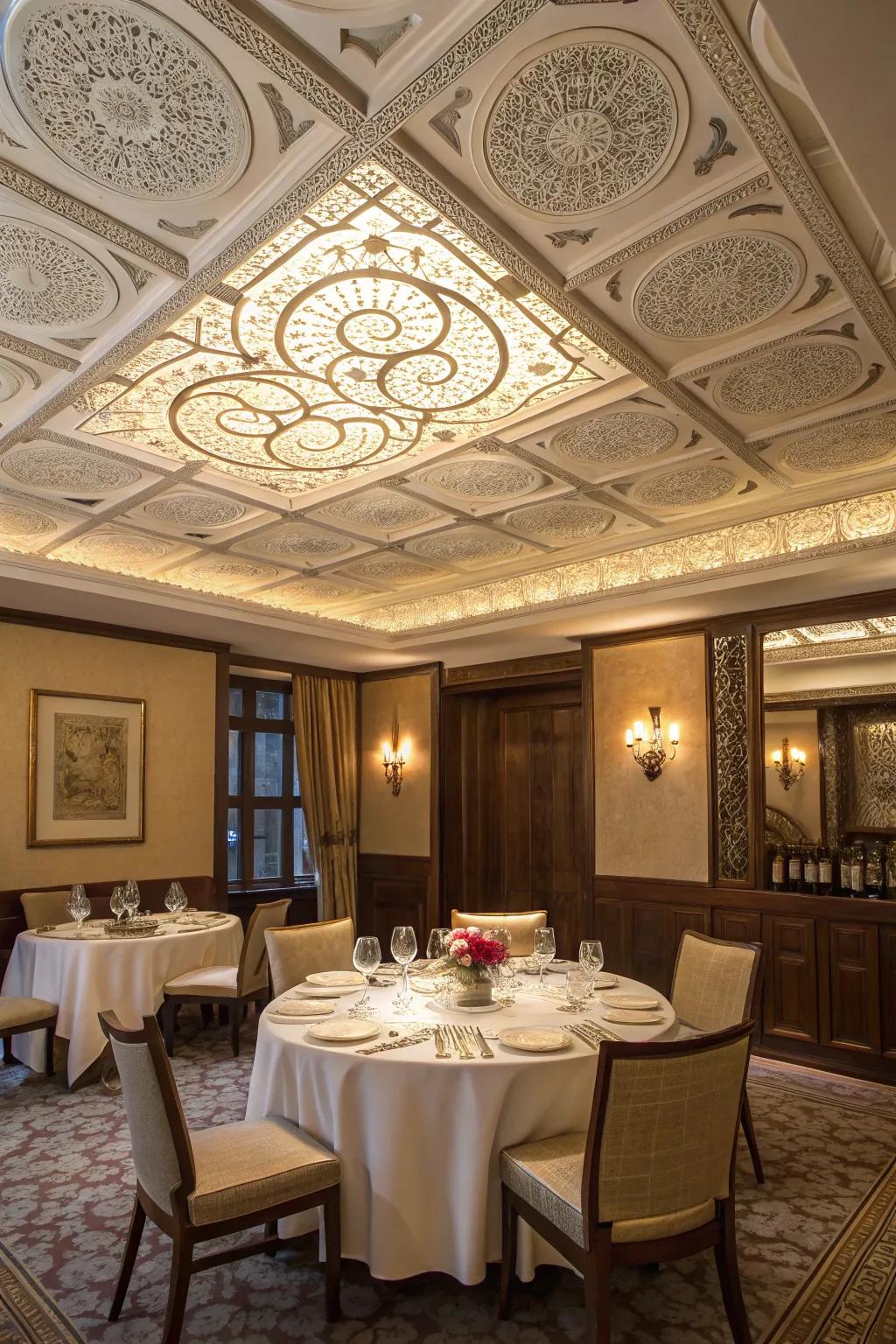 Detailed ceiling features add elegance to any dining space.