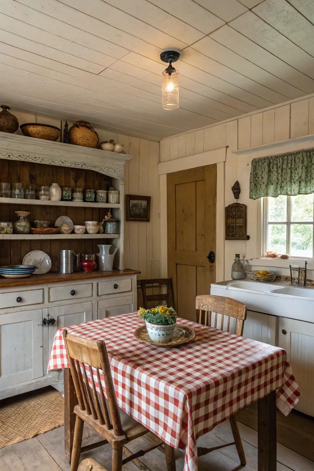 A welcoming kitchen detailed with Groove Surface ceiling panels for a cottage-inspired vibe.