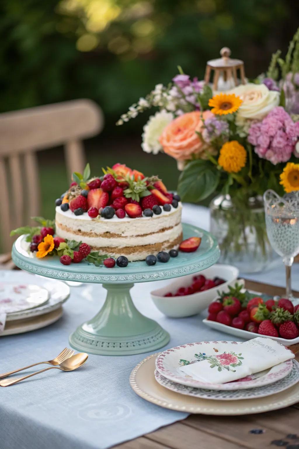 Chic and elevated centerpiece featuring a tiered pastry server as a base.