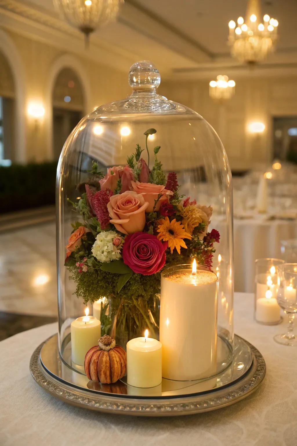 Refined crystal dome centerpiece featuring delicate floral elements.