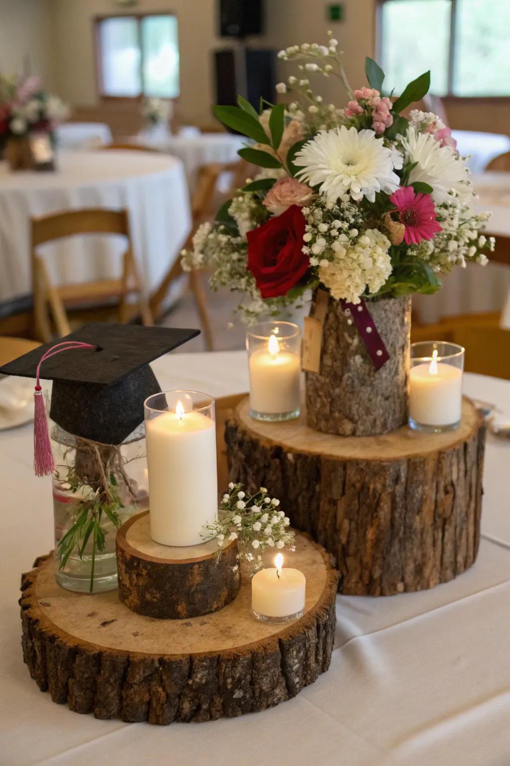 Raw timber pieces offer a captivating base for any centerpiece.