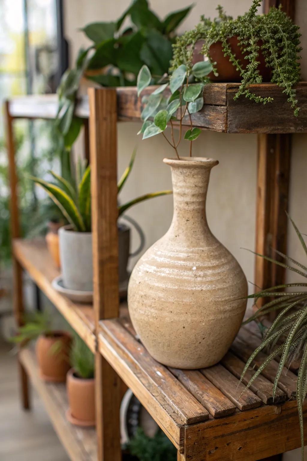 A country style clay vase featuring a raw clay texture enriches the space with warmth.