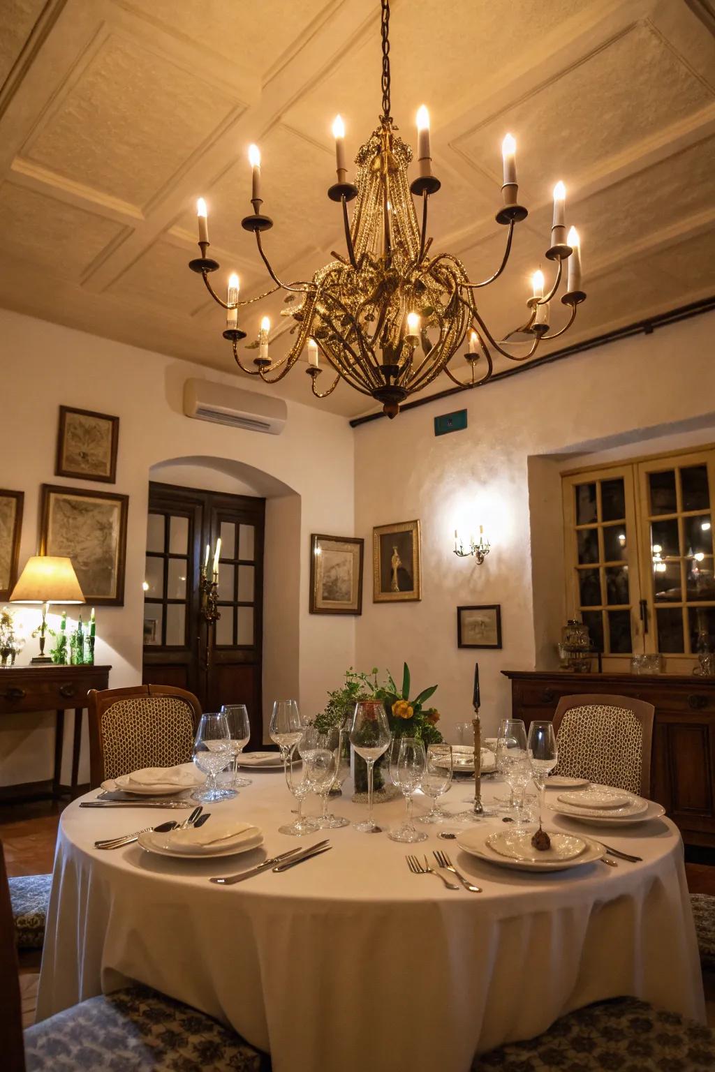 A multi-light chandelier spreads a warm glow over the dining table.