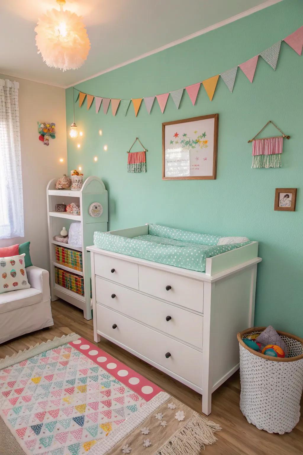 A mint-painted wall brings a fresh burst of color to the nursery.
