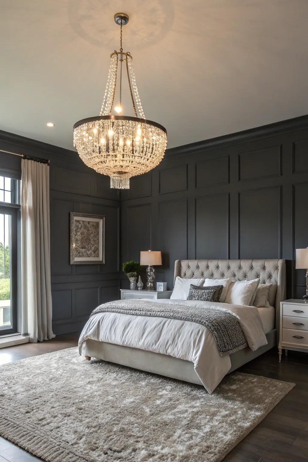 Illumination that elevates the elegance of a deep gray bedroom.