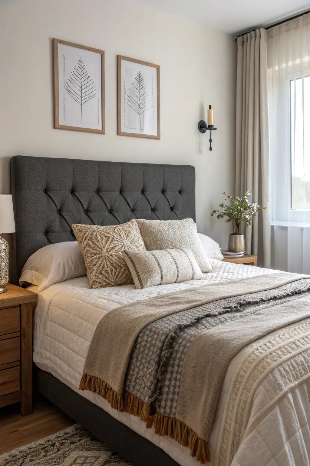 Stratified enriched bedclothes enhance depth and solace to an inky grey headboard.