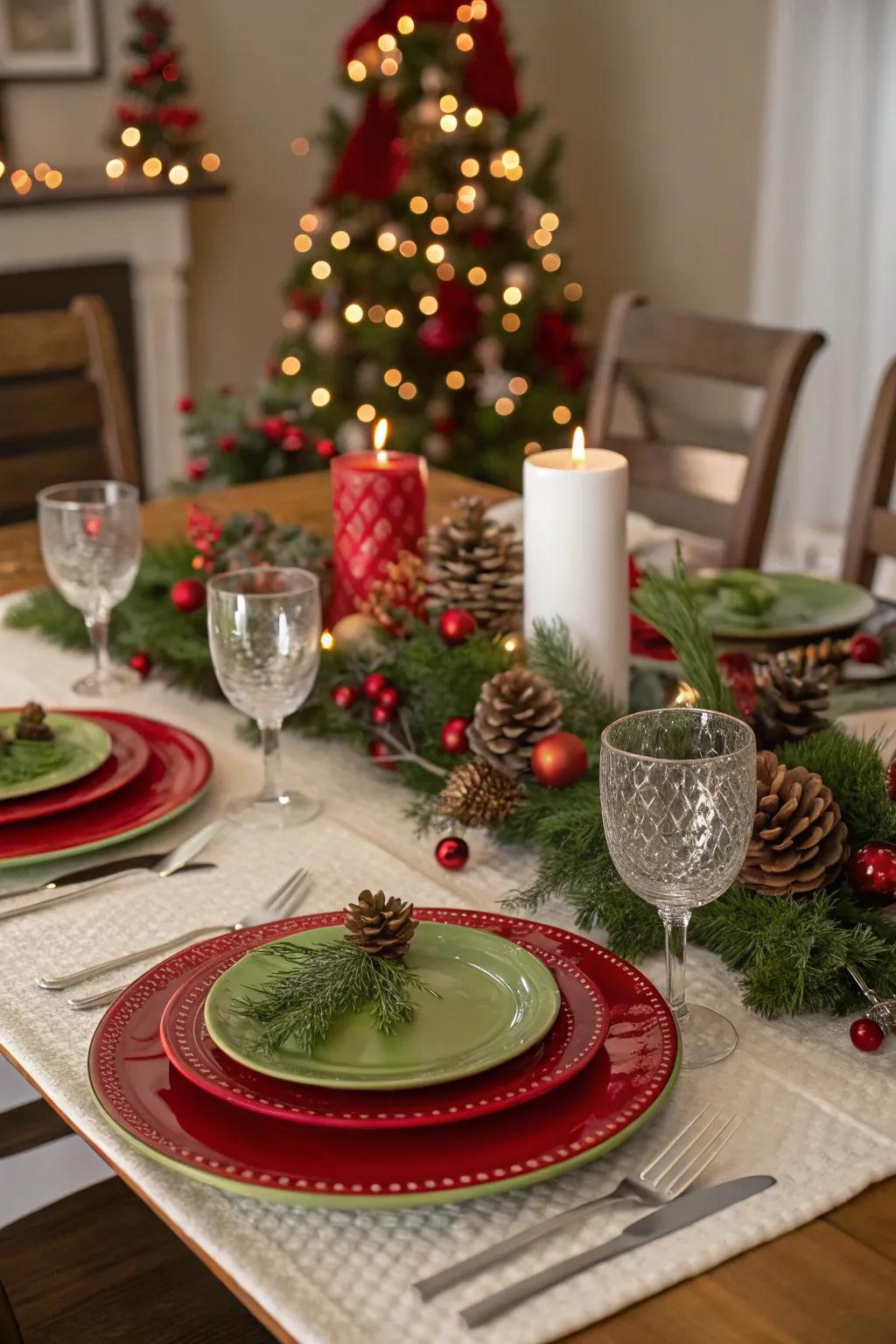 Vibrant crimson and evergreen establish a festive environment on your table.
