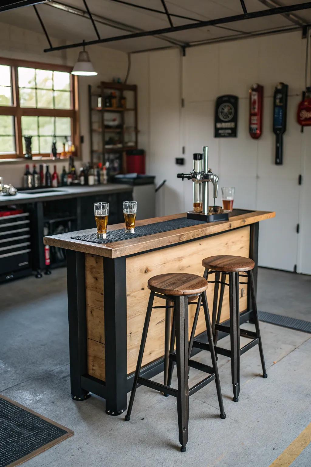 A simple bar setup in the garage encourages casual get-togethers.