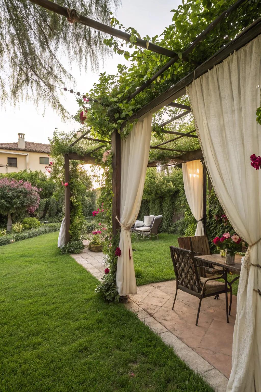 An arbor with drapes offers privacy and charm.