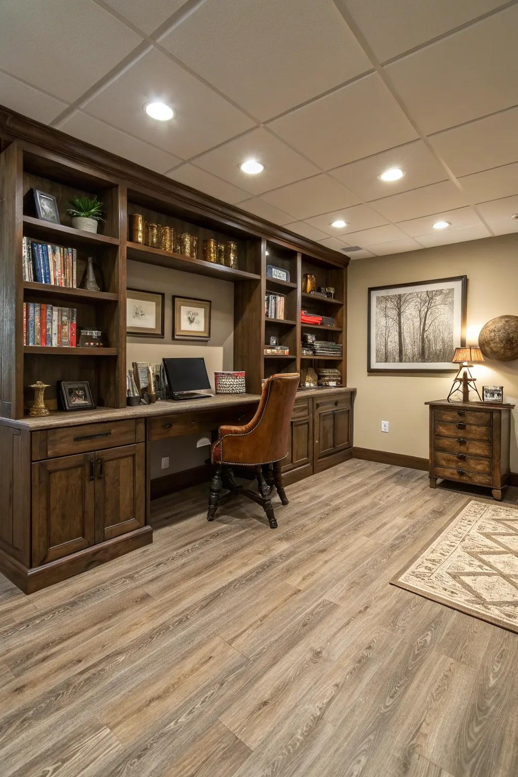 Laminate flooring introduces a hint of contemporary elegance to basement areas.