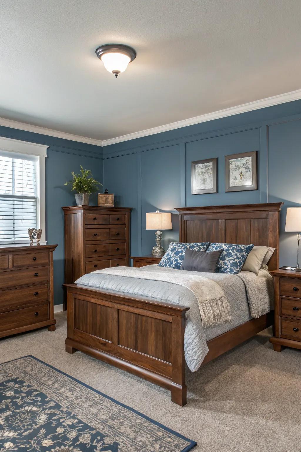 Walnut wood furnishings matched with cool gray and blue walls.