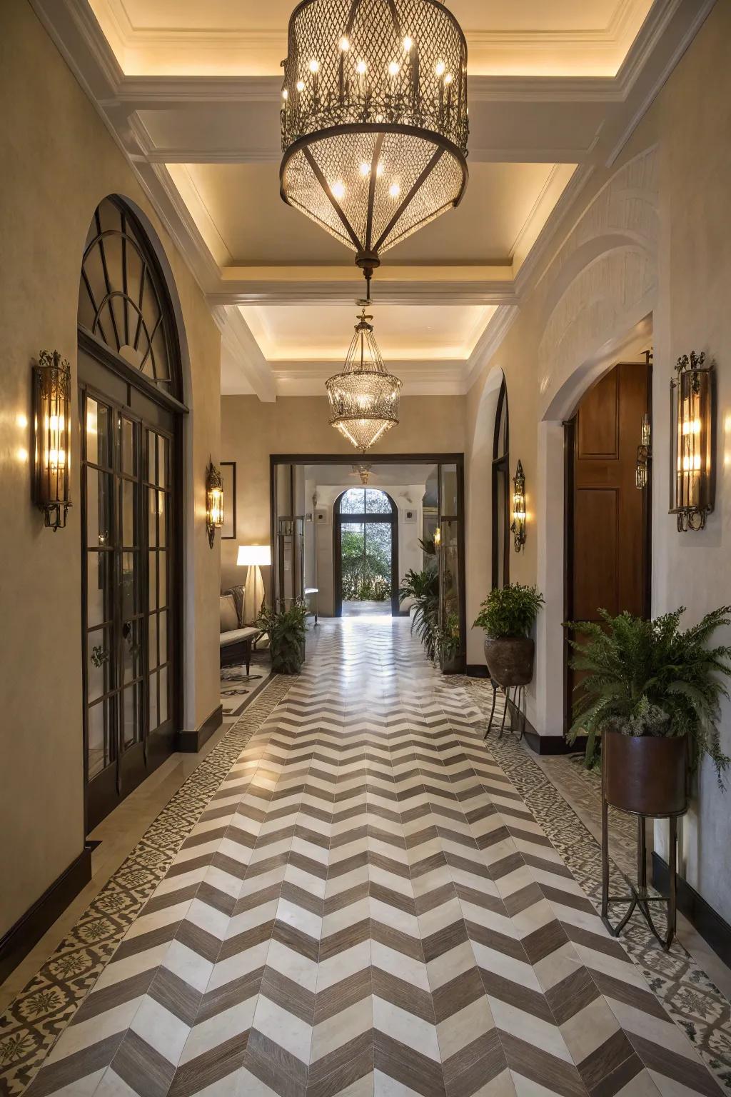 Herringbone tiles create a bold statement in this inviting entryway.