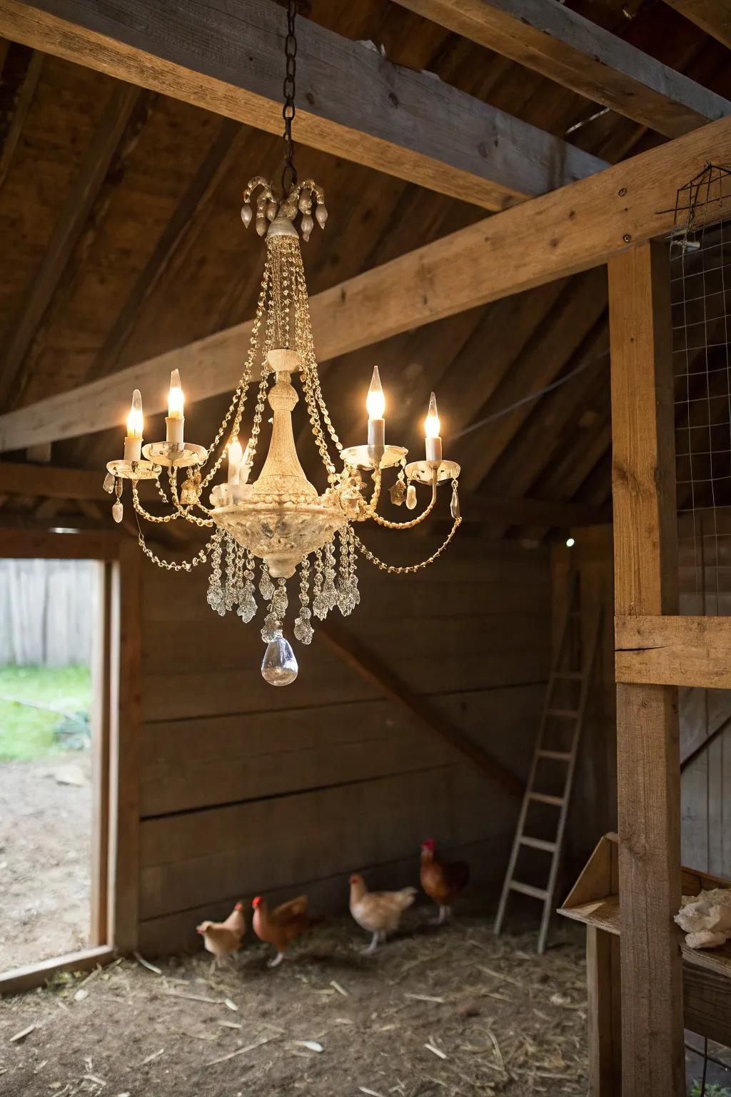 A chandelier introduces an element of sophistication and whimsy to the coop.
