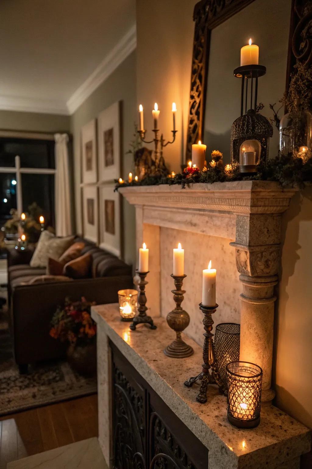 A selection of candles arranged on the mantel evokes a personal and welcoming ambiance.