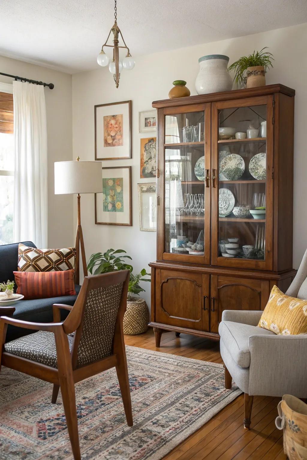 Eclectic living room with a china cabinet as a focal point.
